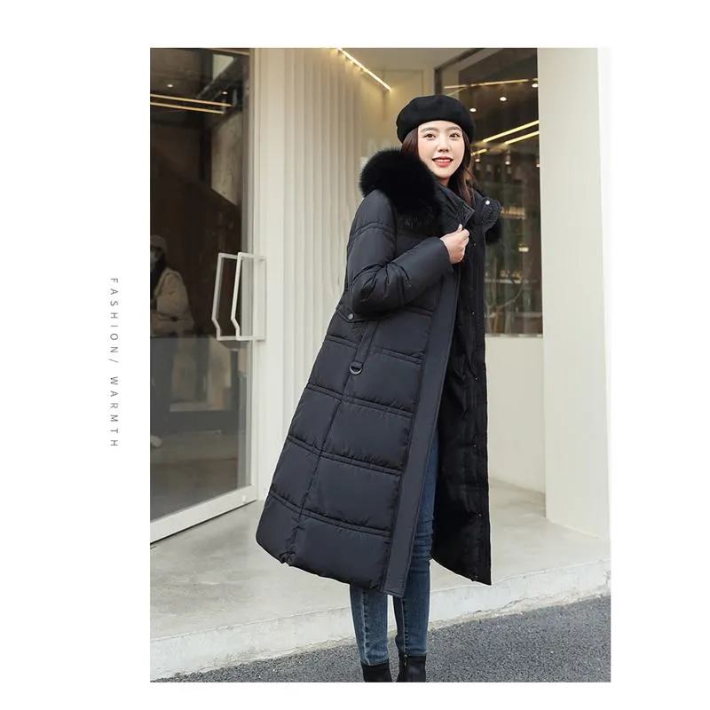 Knee-Length Thickened Fur Collar Puffer Jacket