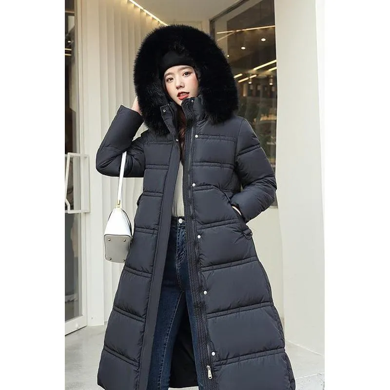 Knee-Length Thickened Fur Collar Puffer Jacket