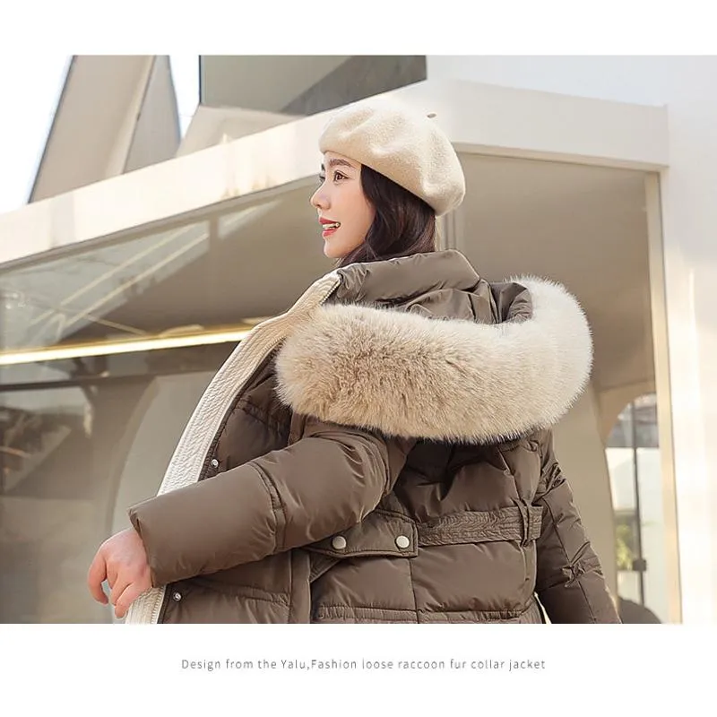 Knee-Length Thickened Fur Collar Puffer Jacket