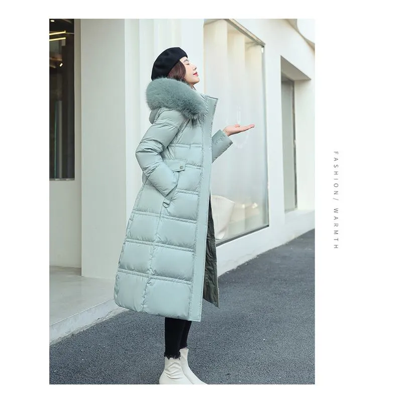 Knee-Length Thickened Fur Collar Puffer Jacket