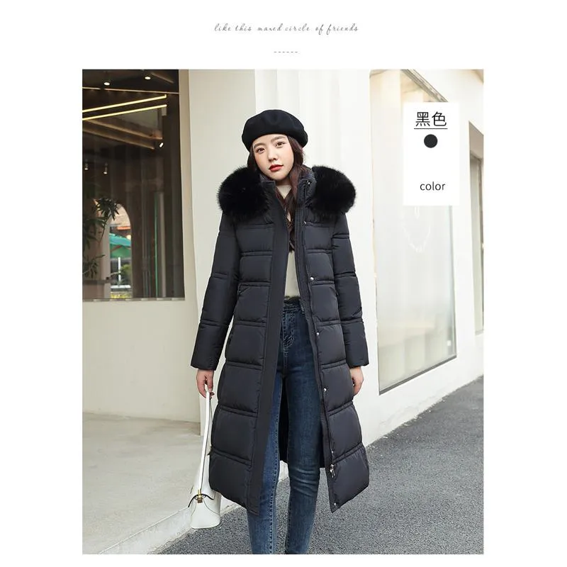 Knee-Length Thickened Fur Collar Puffer Jacket