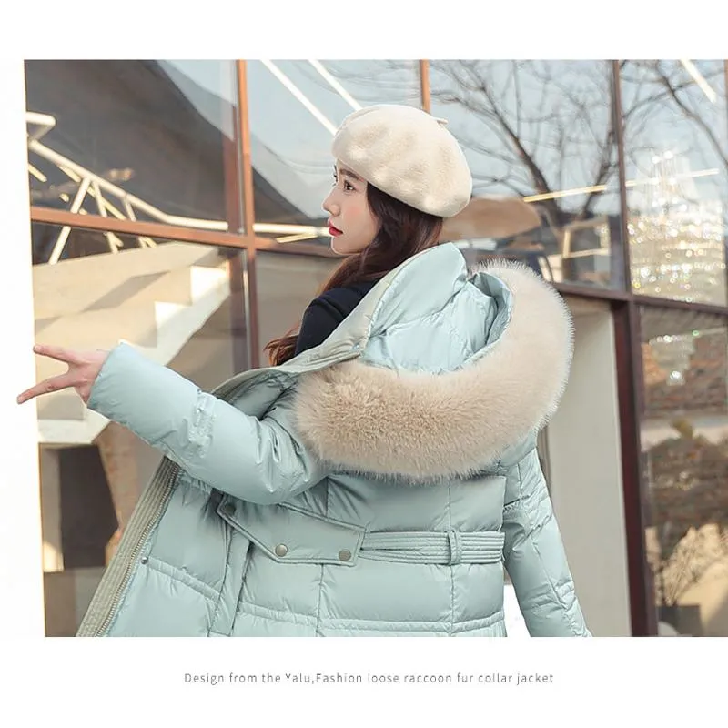 Knee-Length Thickened Fur Collar Puffer Jacket