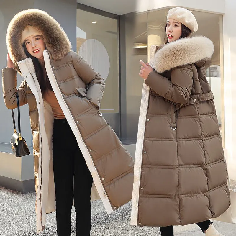 Knee-Length Thickened Fur Collar Puffer Jacket