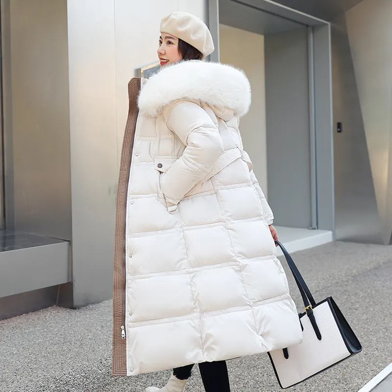 Knee-Length Thickened Fur Collar Puffer Jacket