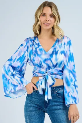 L Love Waist Bowtie Crop Flare Sleeve Top - Blue