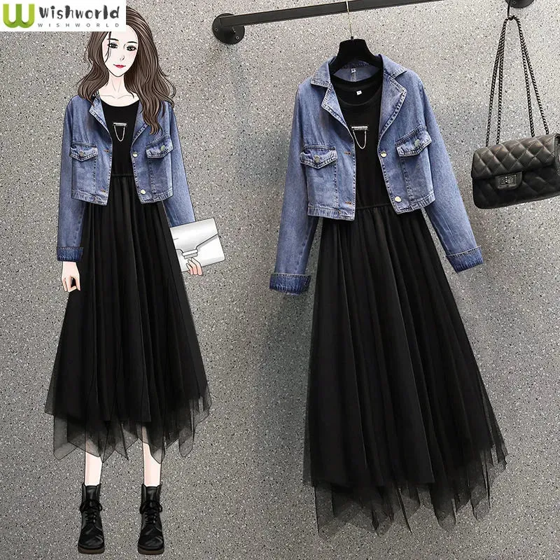 Large Size Spring and Autumn Women's Suit 2023 New Style Waist Tight, Slim, Aging, Western Style Denim Coat Dress Two-piece Set