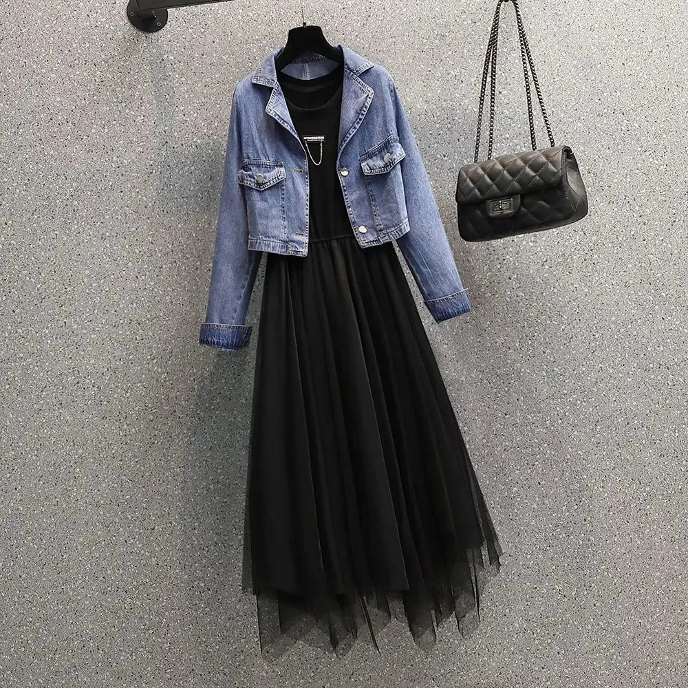 Large Size Spring and Autumn Women's Suit 2023 New Style Waist Tight, Slim, Aging, Western Style Denim Coat Dress Two-piece Set