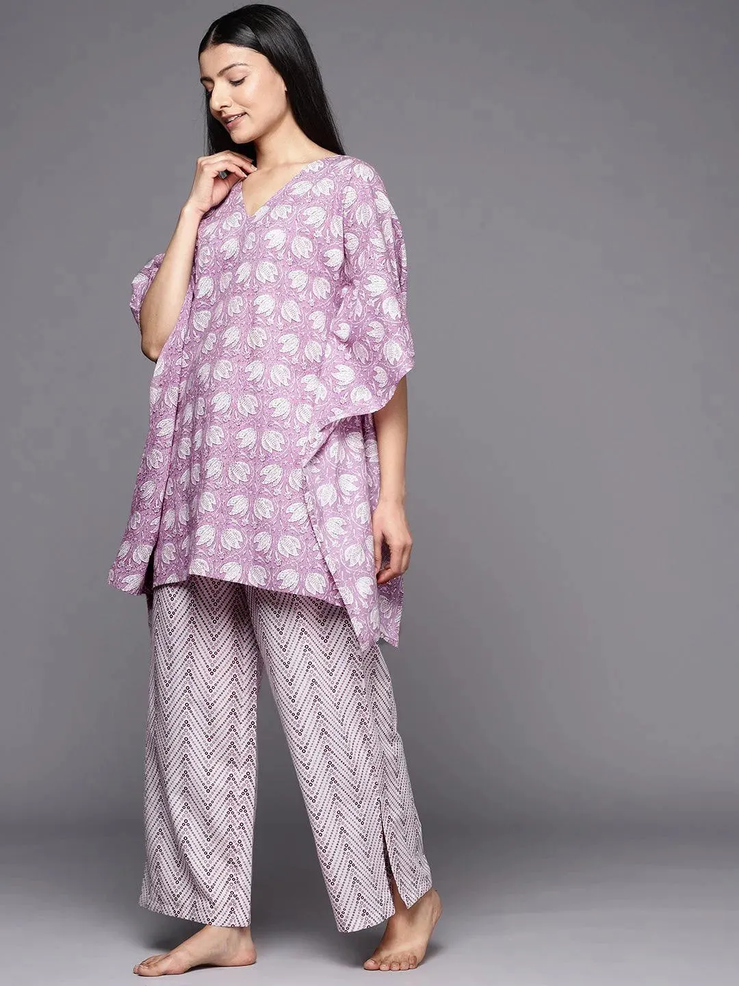 Lavender Printed Cotton Night Suit