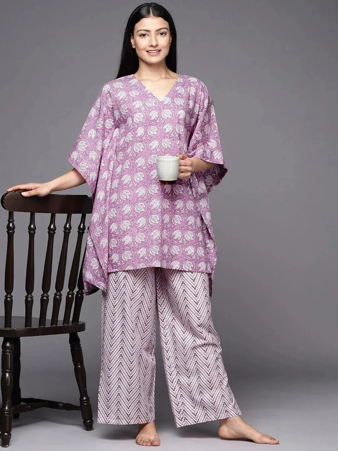 Lavender Printed Cotton Night Suit