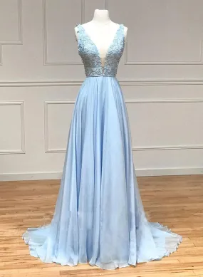 Light Blue Chiffon with Lace A-line Prom Dress, Light Blue Evening Dress