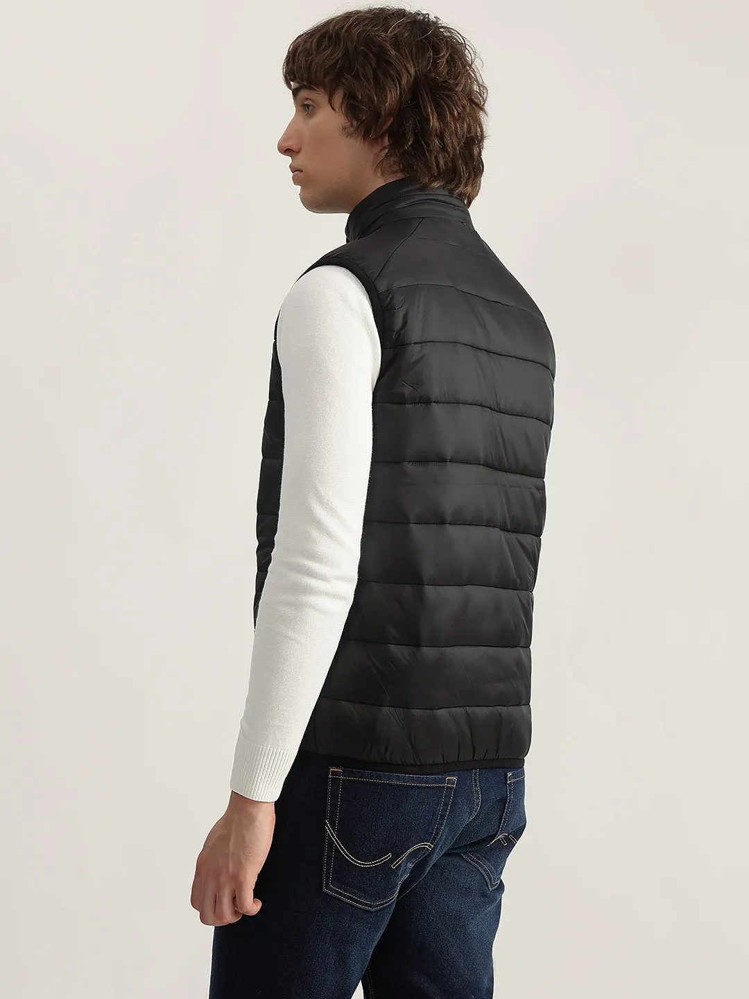 Lindbergh Men Black Solid Stand Collar Sleeveless Puffer Jacket