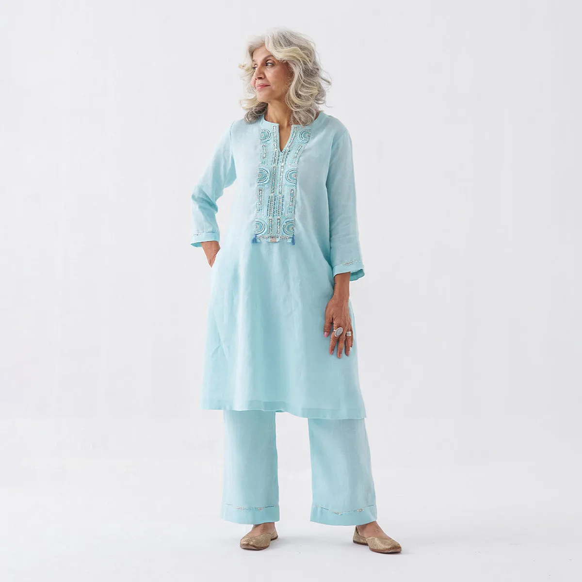 Linen Kurta Set for Women | Aqua Blue