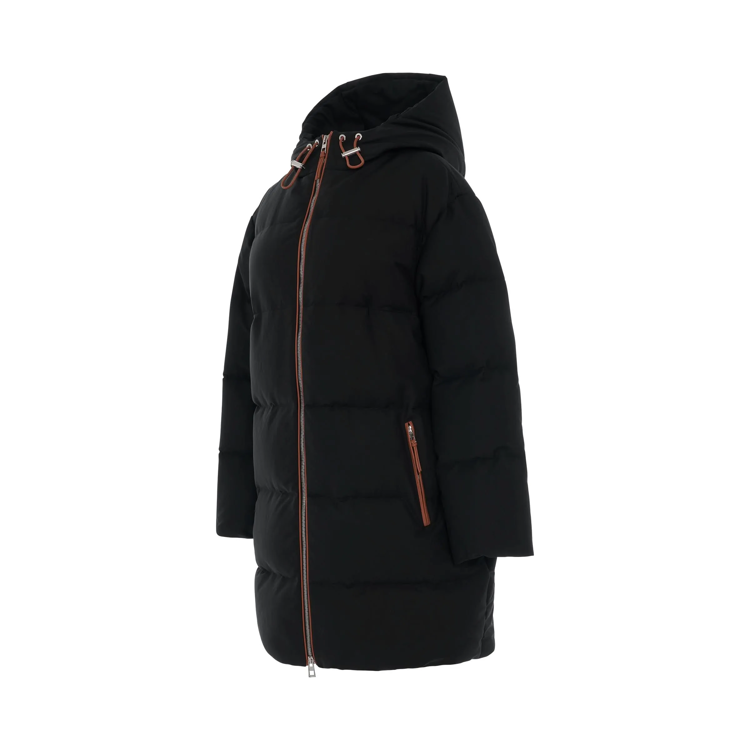 Long Hooded Puffer Jacket in Black