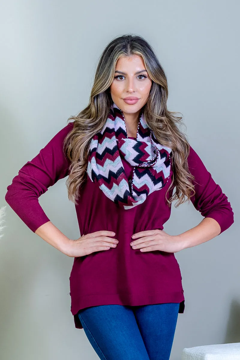 Long Sleeve Sweater with Button Adorned Side Vents and Multi Color Infinity Scarf (FS194020)