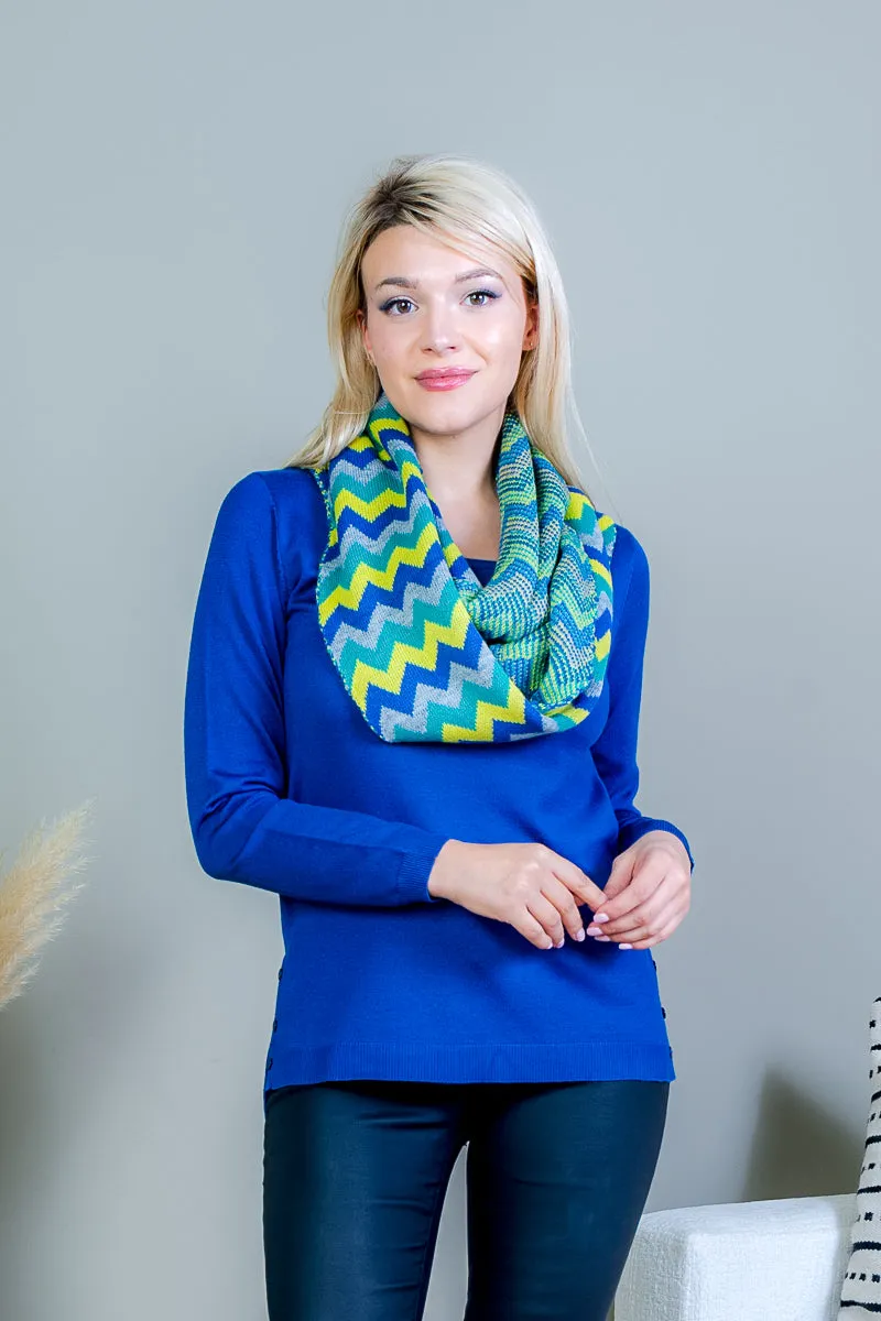 Long Sleeve Sweater with Button Adorned Side Vents and Multi Color Infinity Scarf (FS194020)