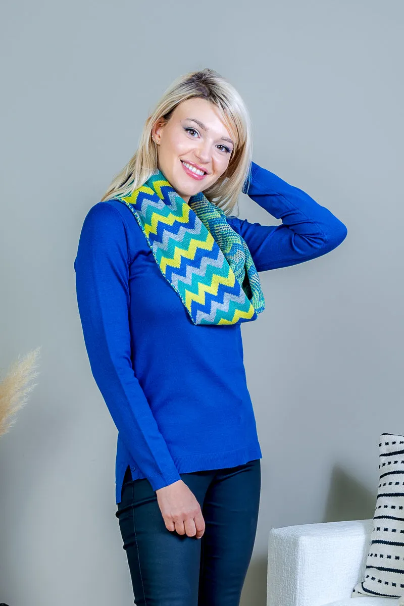 Long Sleeve Sweater with Button Adorned Side Vents and Multi Color Infinity Scarf (FS194020)