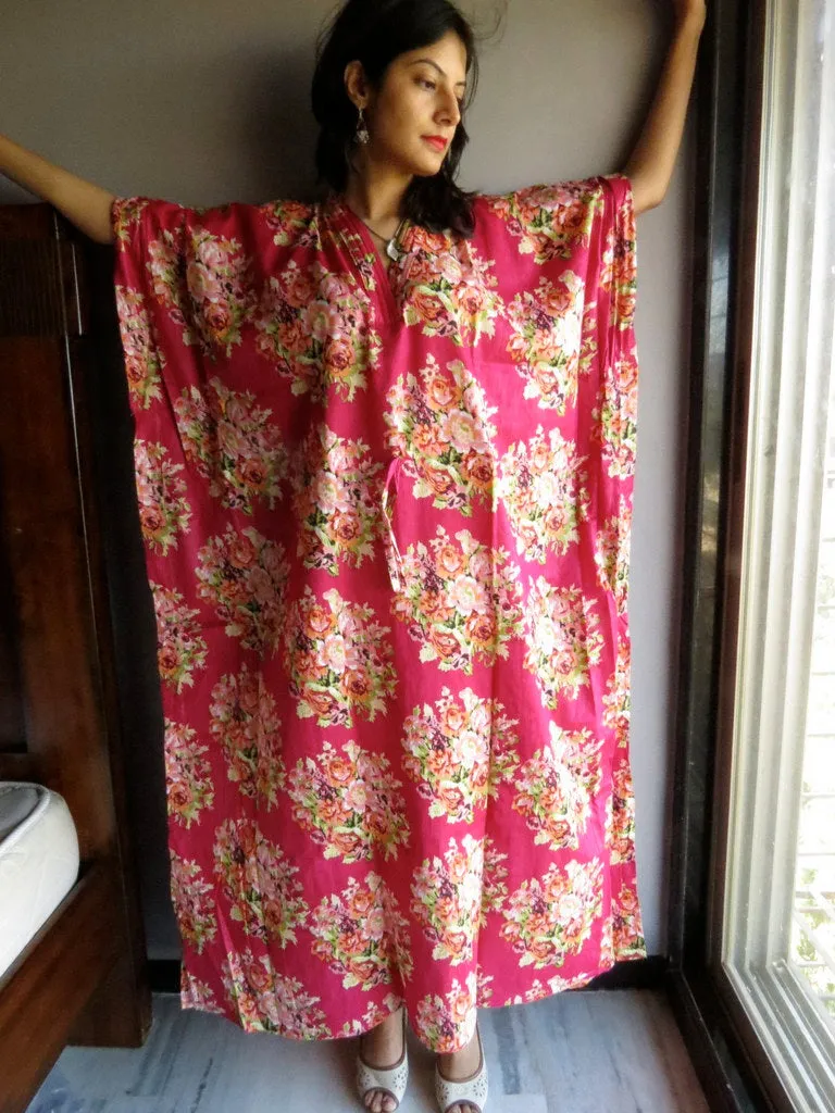 Magenta Floral Posy V-Neck, Ankle Length, Cinched Waist Caftan