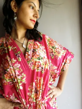 Magenta Floral Posy V-Neck, Ankle Length, Cinched Waist Caftan