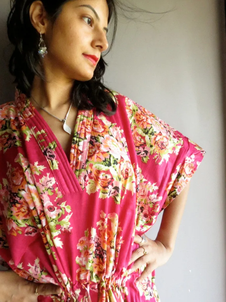 Magenta Floral Posy V-Neck, Ankle Length, Cinched Waist Caftan