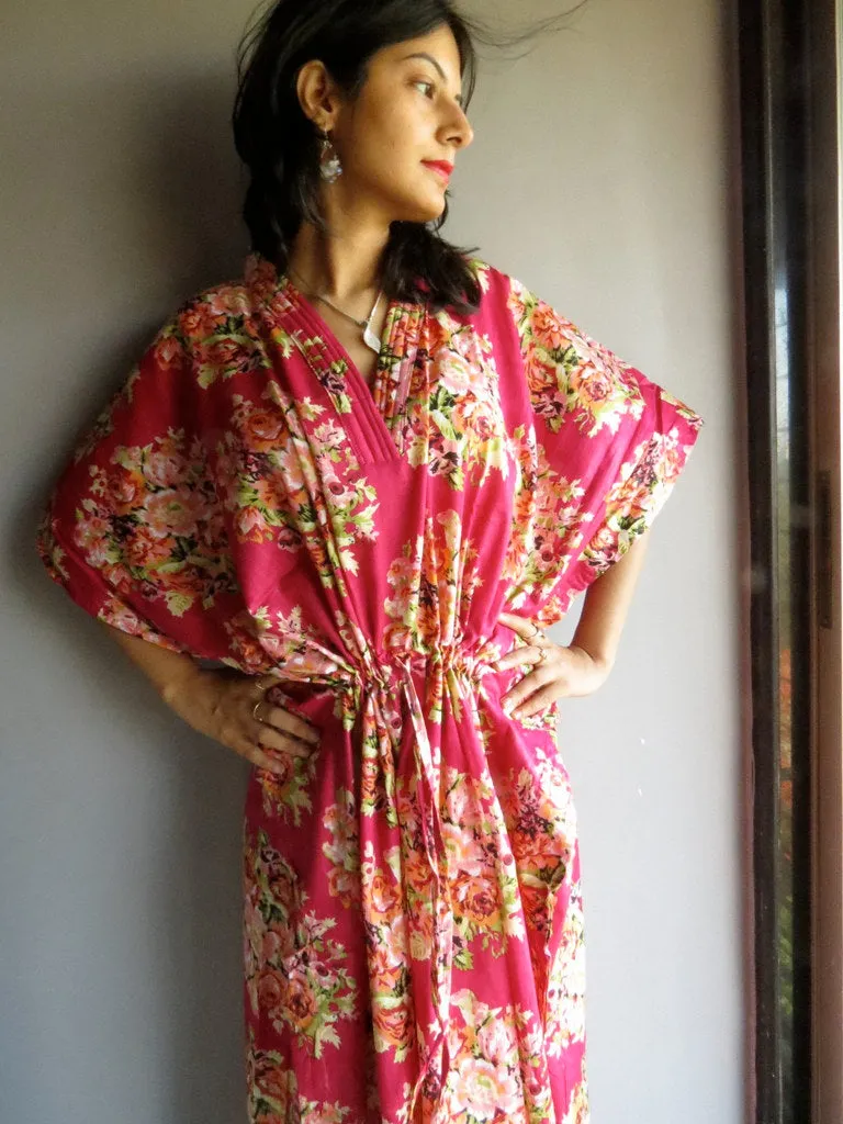 Magenta Floral Posy V-Neck, Ankle Length, Cinched Waist Caftan