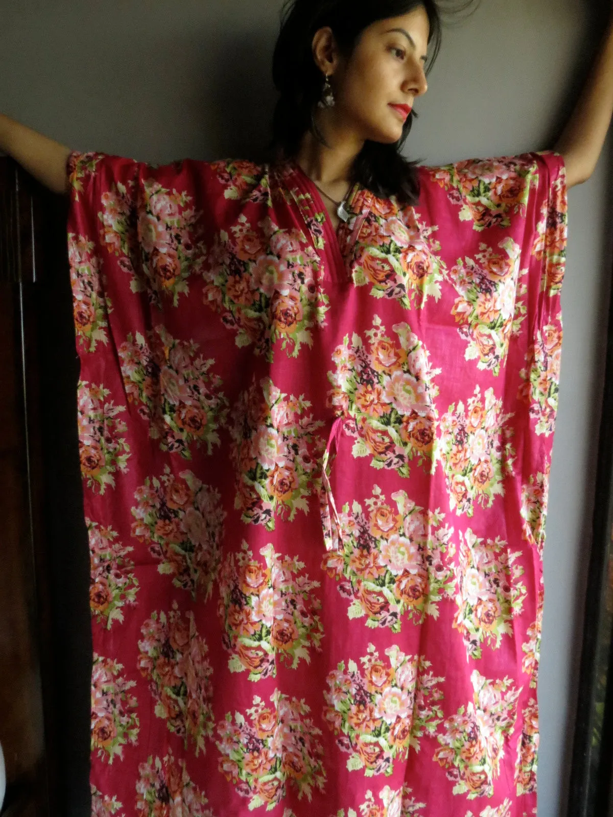 Magenta Floral Posy V-Neck, Ankle Length, Cinched Waist Caftan