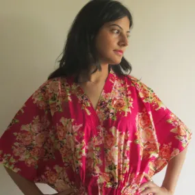 Magenta Floral Posy V-Neck Button Down to Waist, Ankle Length, Cinched Waist Caftan