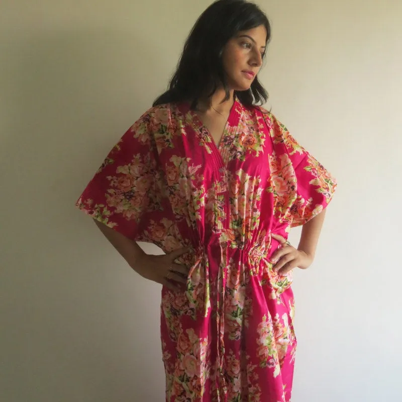 Magenta Floral Posy V-Neck Button Down to Waist, Ankle Length, Cinched Waist Caftan