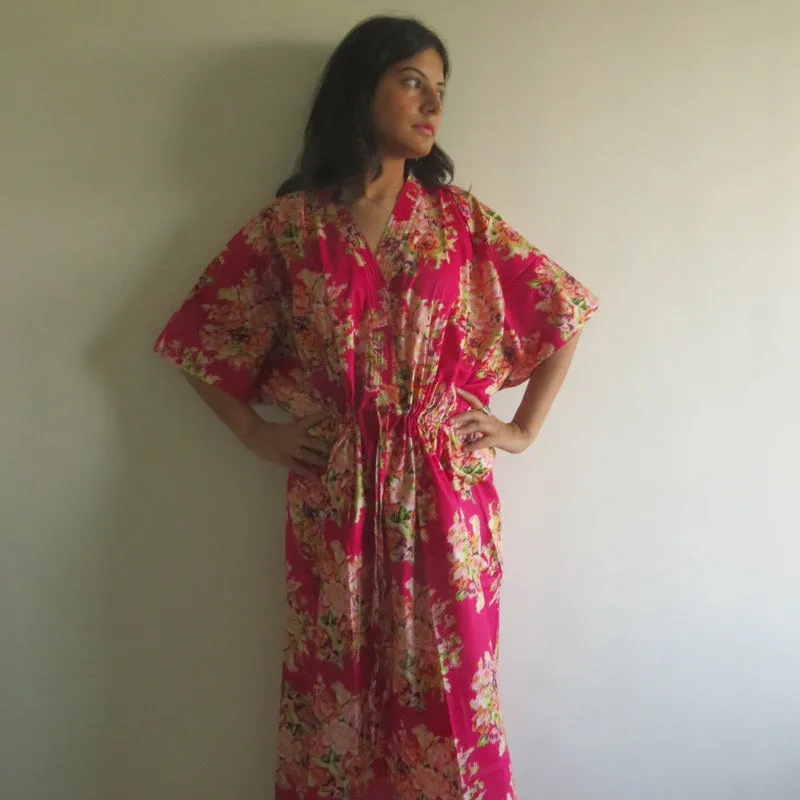 Magenta Floral Posy V-Neck Button Down to Waist, Ankle Length, Cinched Waist Caftan