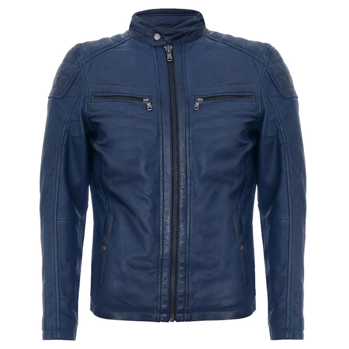 Men Soft Blue Leather Motorcycle Jacket