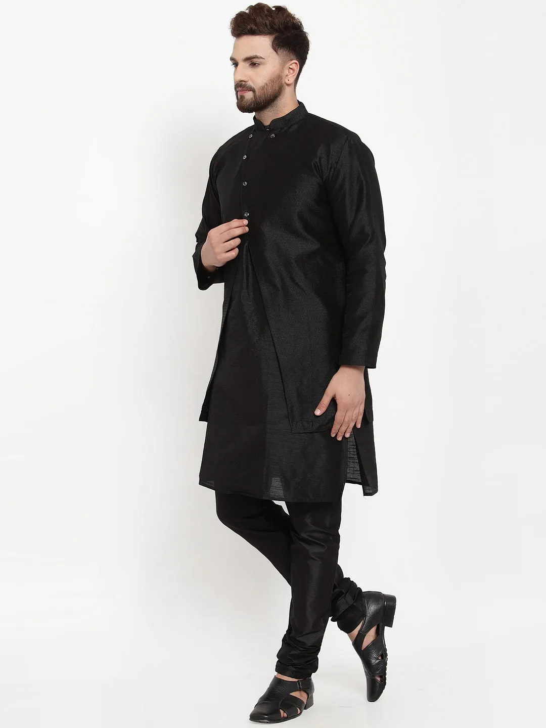 Men's Black Kurta With Pyjama & Self Design Jacket - Benstoke