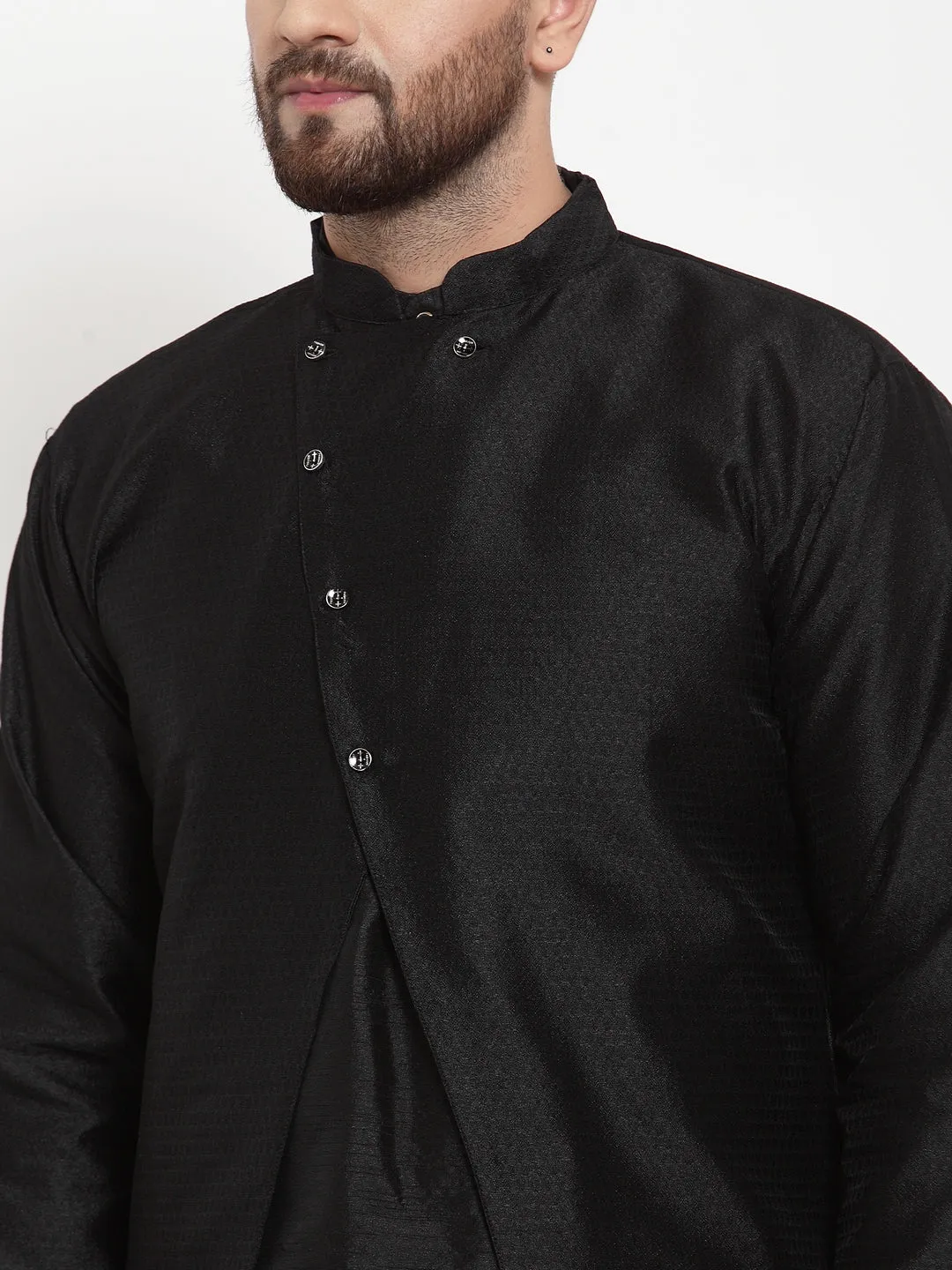 Men's Black Kurta With Pyjama & Self Design Jacket - Benstoke