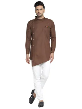 Men's Cotton Brown Asymmetric Solid Kurta With White Trousers - Benstoke