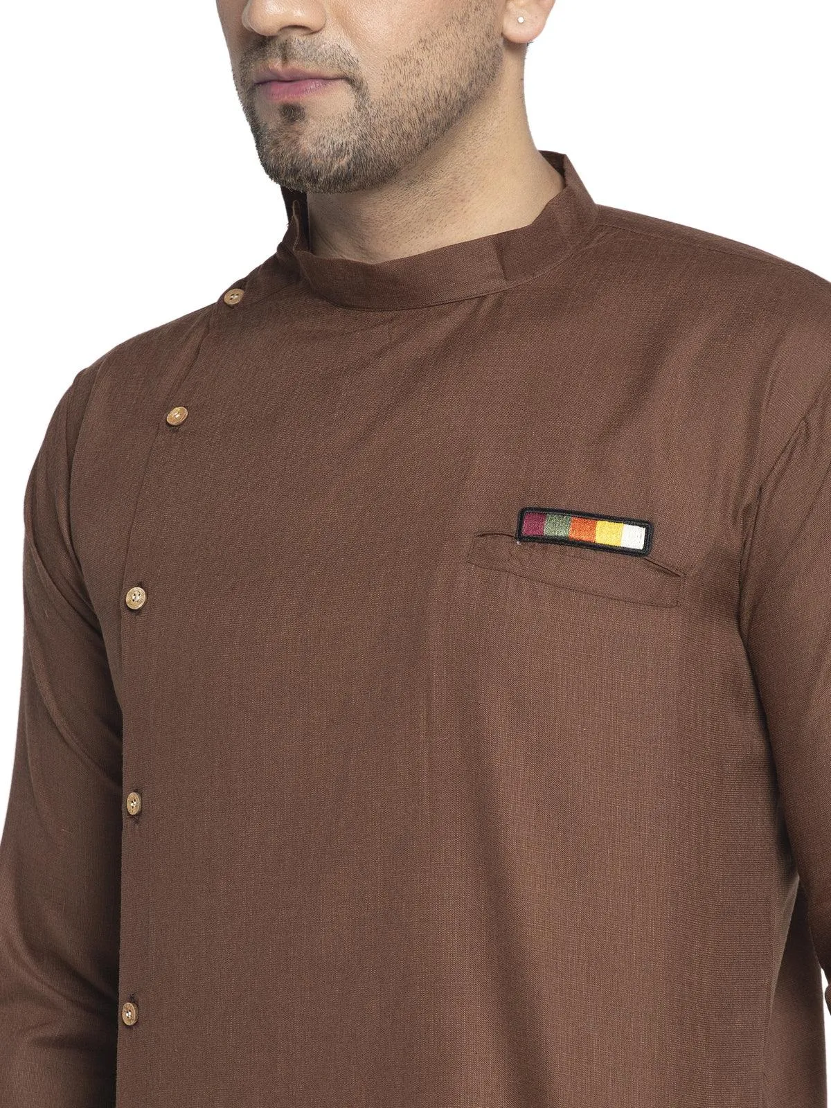 Men's Cotton Brown Asymmetric Solid Kurta With White Trousers - Benstoke