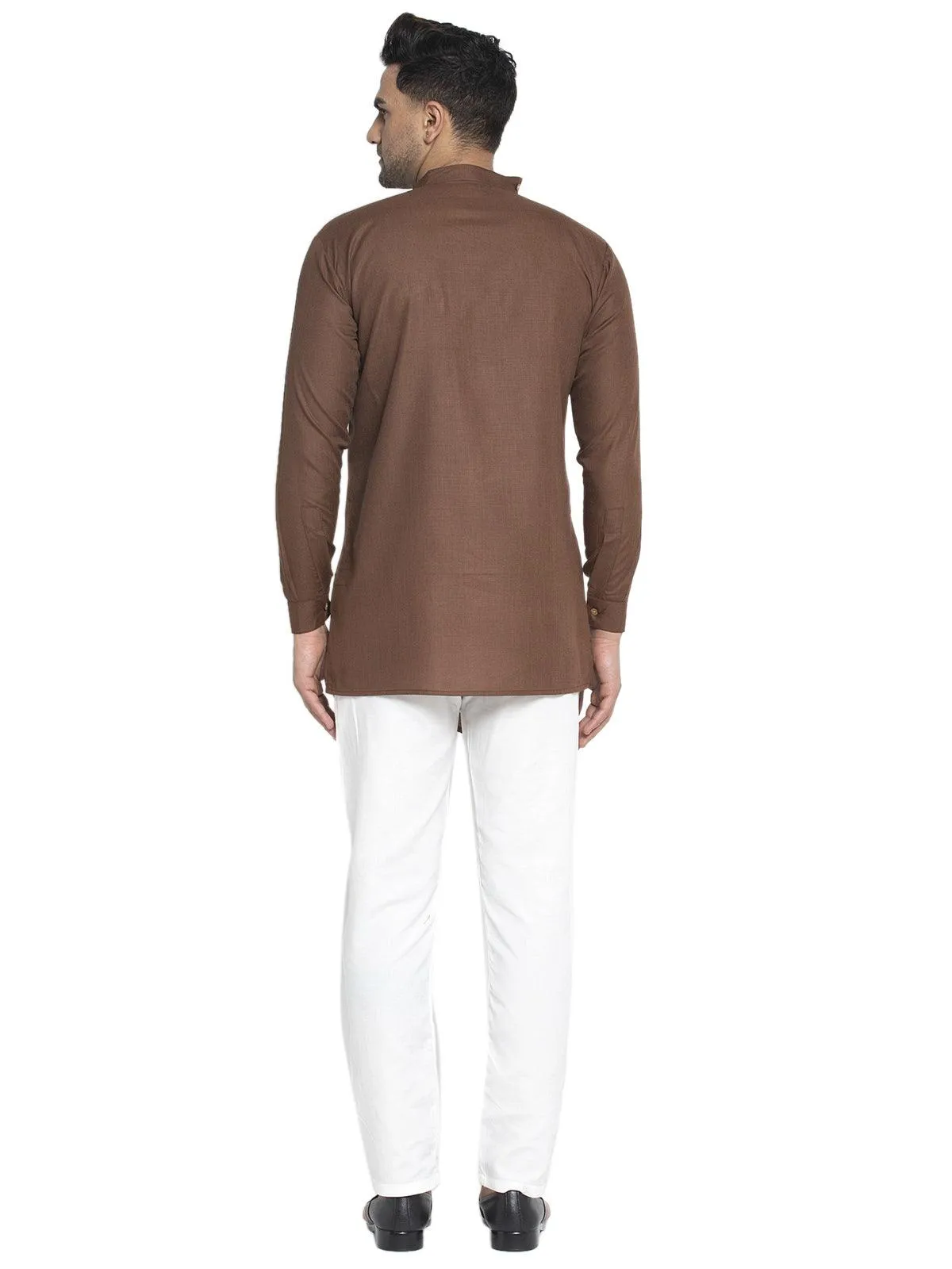 Men's Cotton Brown Asymmetric Solid Kurta With White Trousers - Benstoke