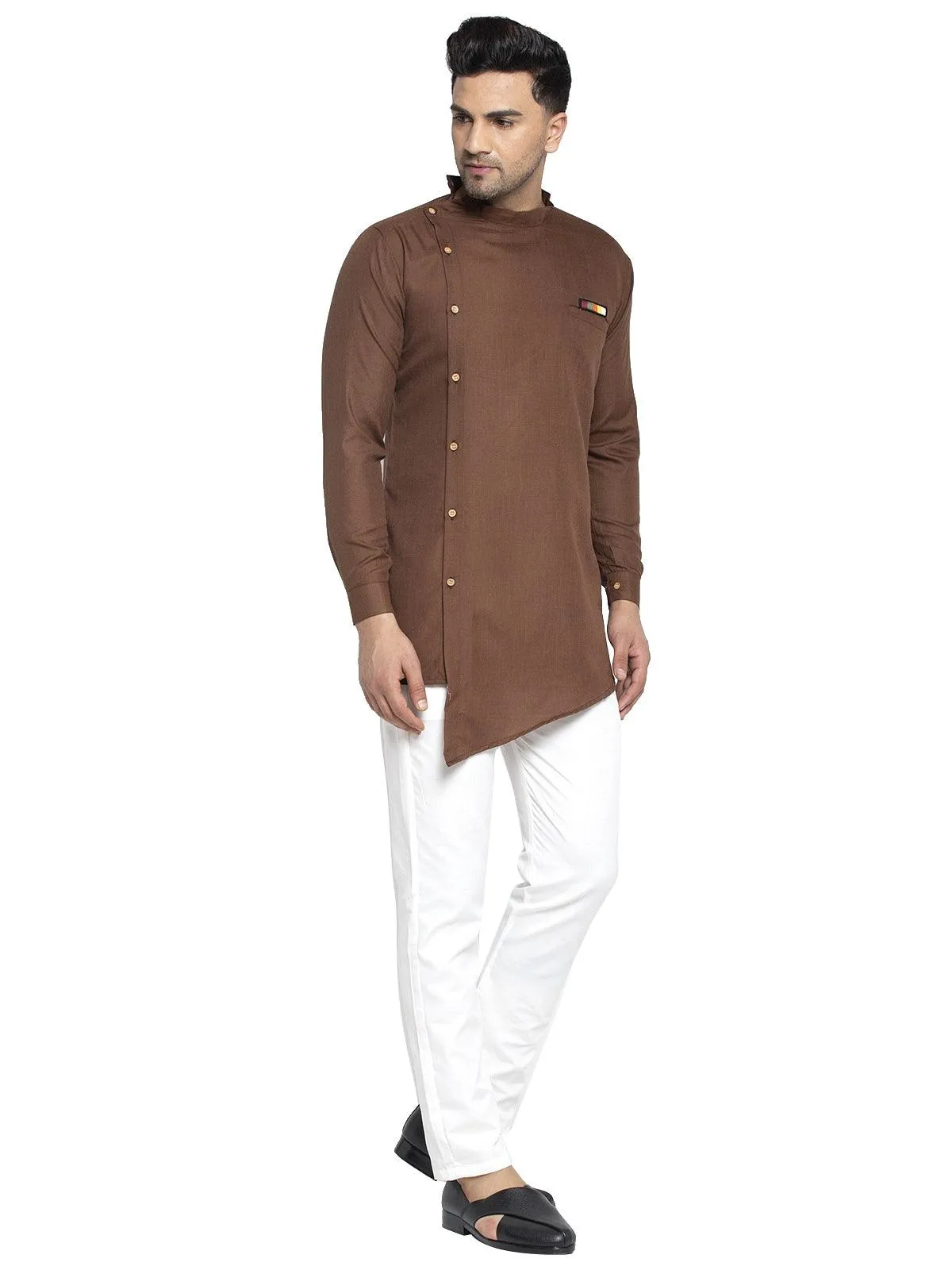 Men's Cotton Brown Asymmetric Solid Kurta With White Trousers - Benstoke