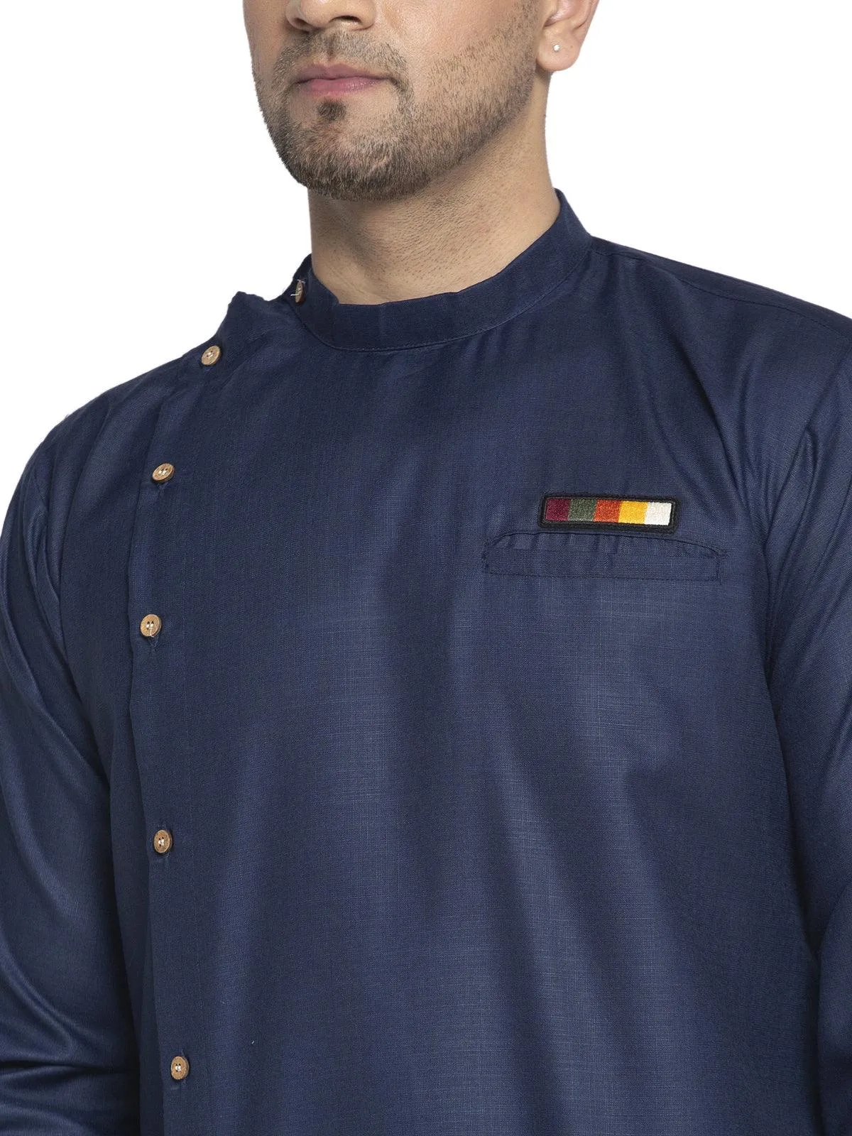 Men's Cotton Navy Blue Asymmetric Solid Kurta With White Trousers - Benstoke