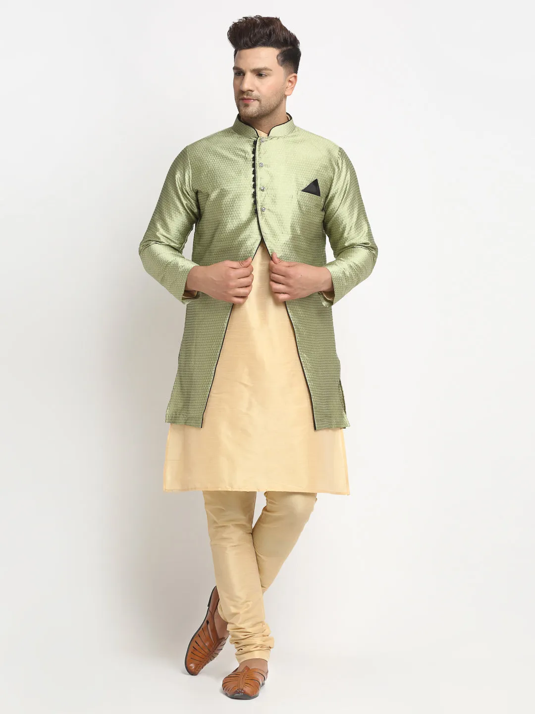 Men's Gold Kurta With Pyjama & Beige Self Design Jacket - Benstoke