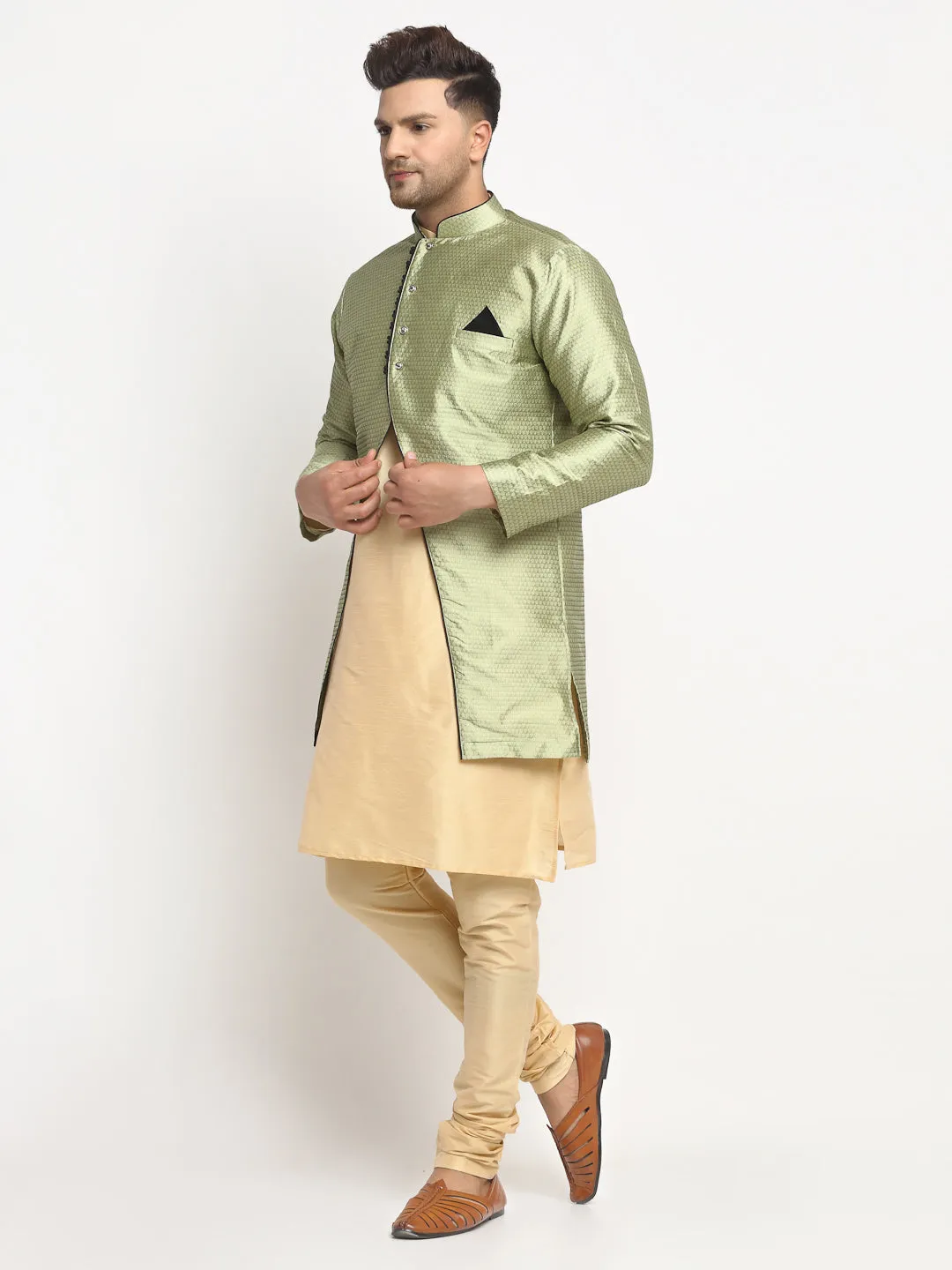 Men's Gold Kurta With Pyjama & Beige Self Design Jacket - Benstoke