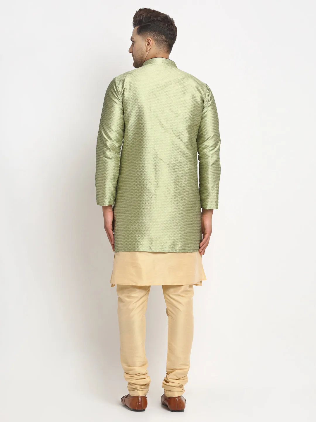 Men's Gold Kurta With Pyjama & Beige Self Design Jacket - Benstoke