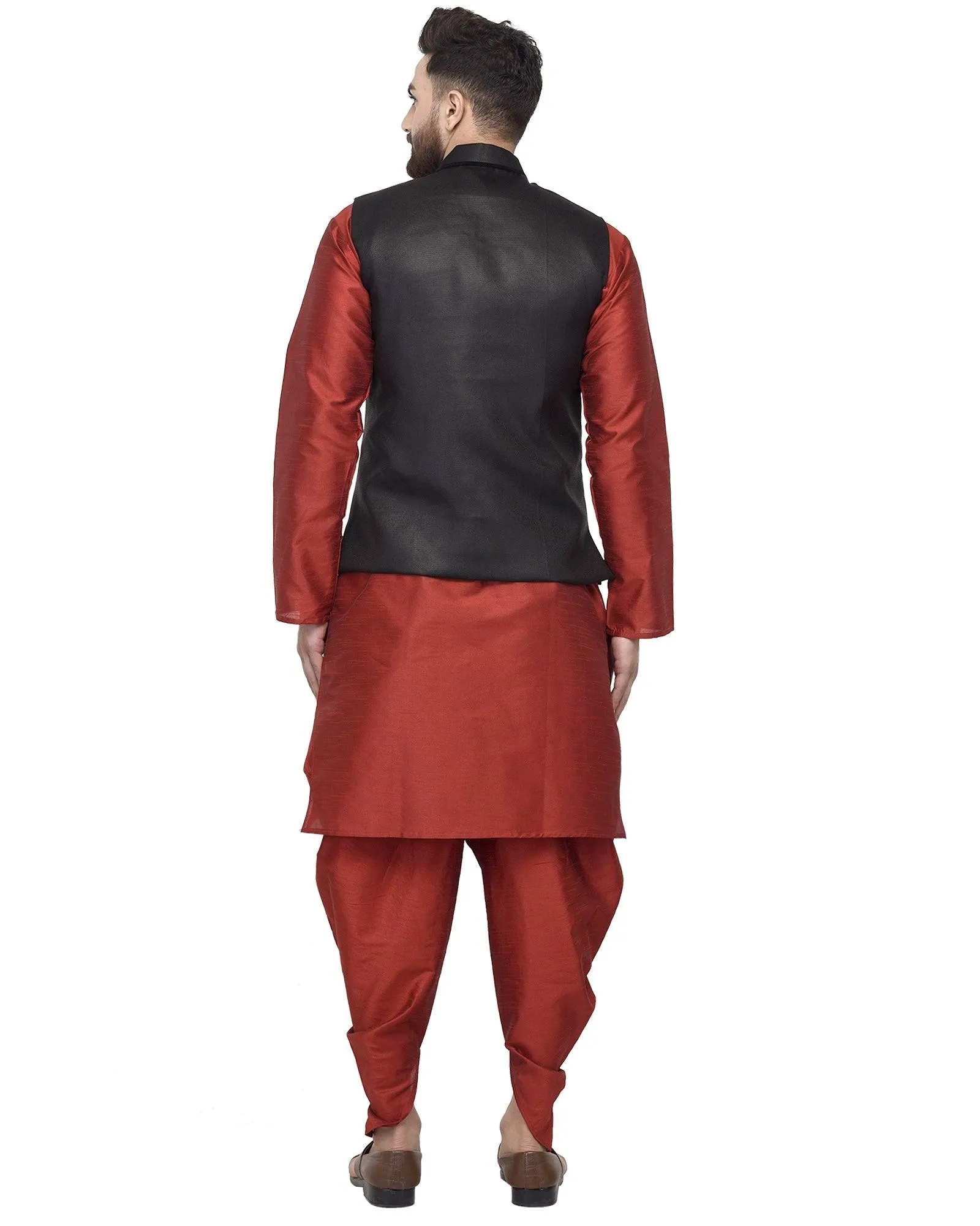 Men's Maroon Kurta With Dhoti & Black Solid Nehru Jacket - Benstoke