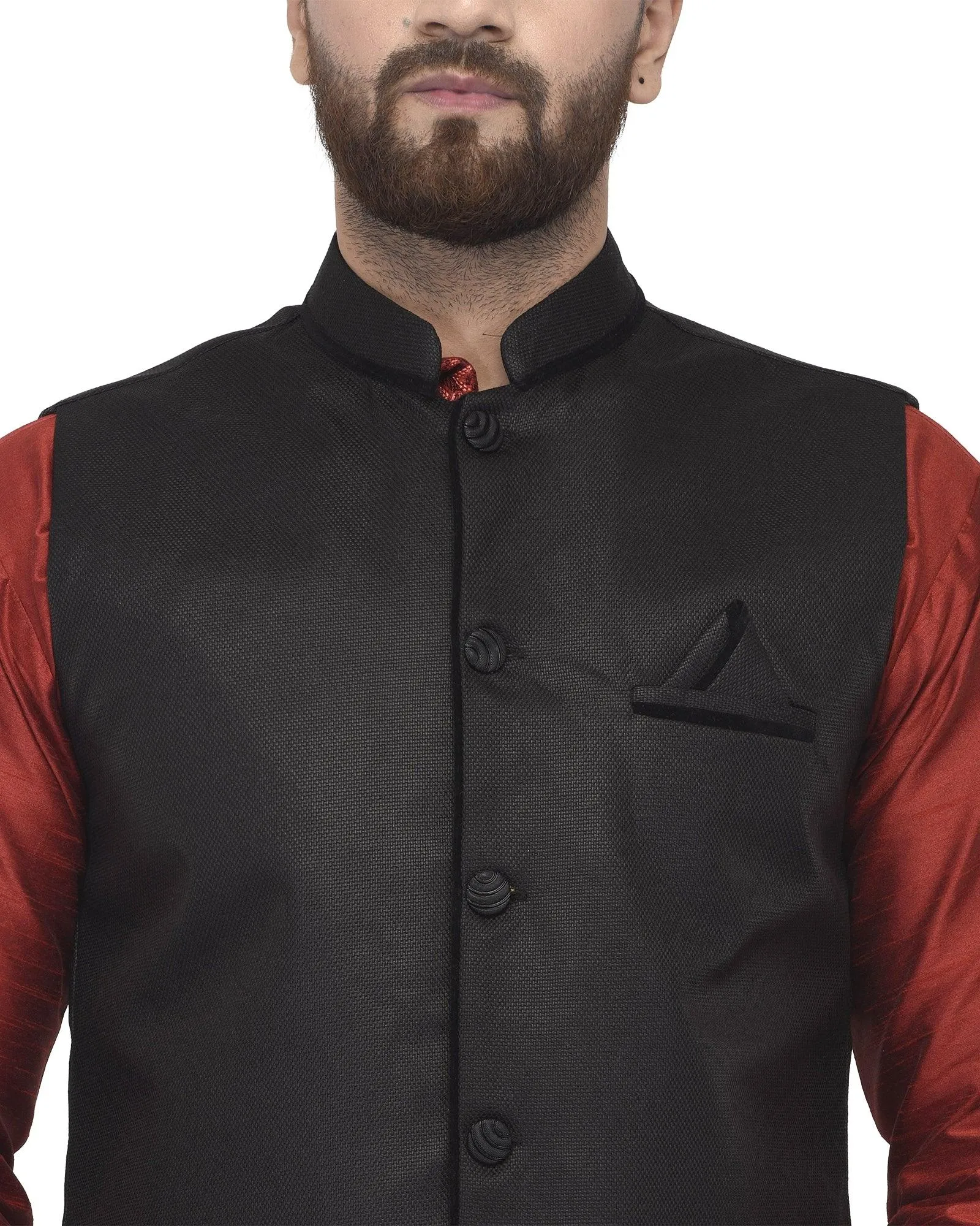 Men's Maroon Kurta With Dhoti & Black Solid Nehru Jacket - Benstoke