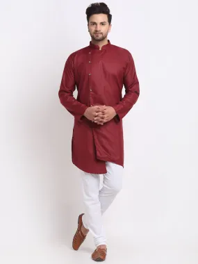 Men's Maroon Solid Angrakha Kurta With White Churidaar Pyjama - Benstoke