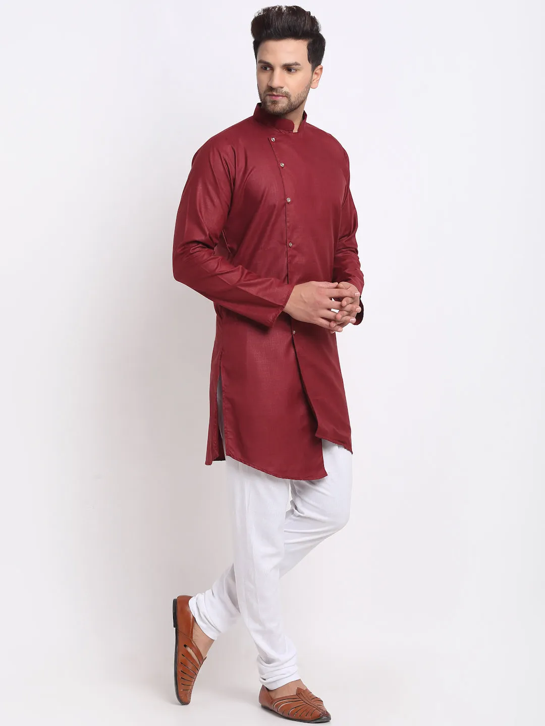 Men's Maroon Solid Angrakha Kurta With White Churidaar Pyjama - Benstoke