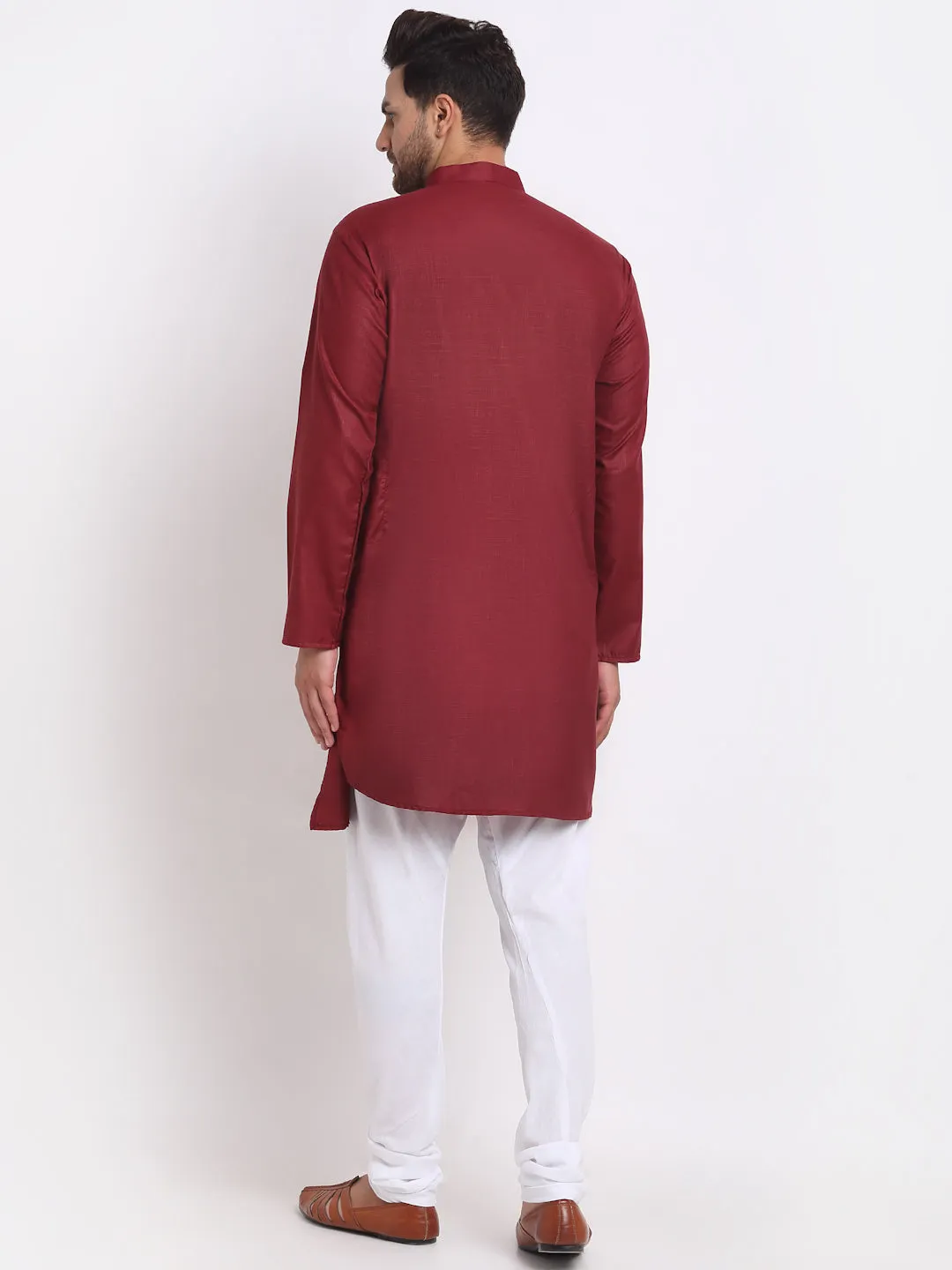 Men's Maroon Solid Angrakha Kurta With White Churidaar Pyjama - Benstoke