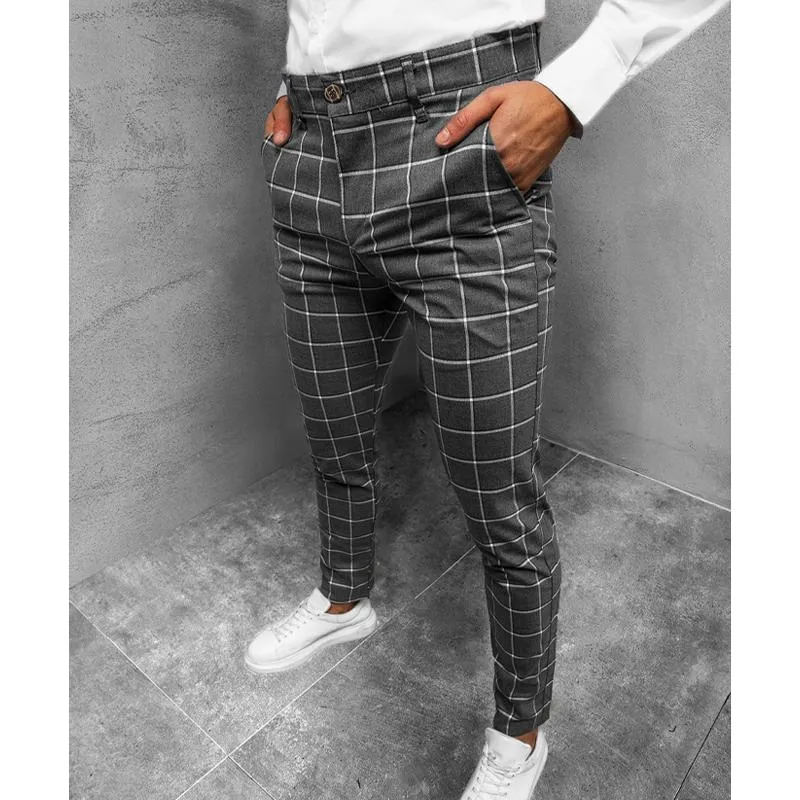 Men's Plaid Casual Micro Elastic Mid-Waist Trousers 84448938L