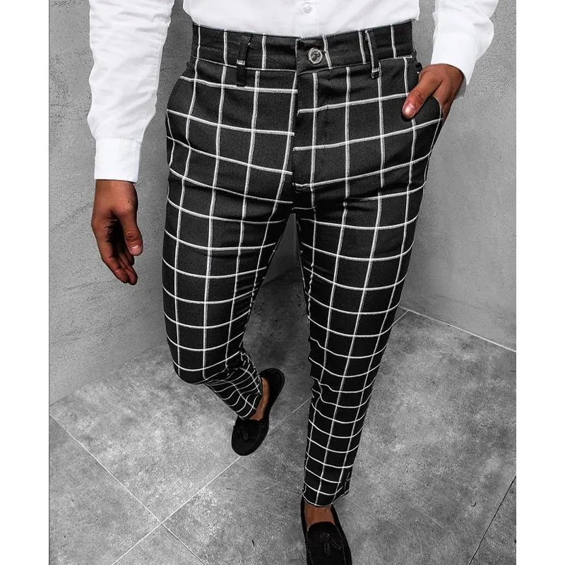 Men's Plaid Casual Micro Elastic Mid-Waist Trousers 84448938L