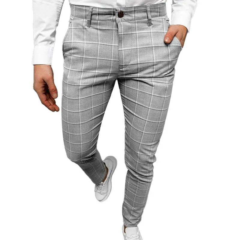 Men's Plaid Casual Micro Elastic Mid-Waist Trousers 84448938L