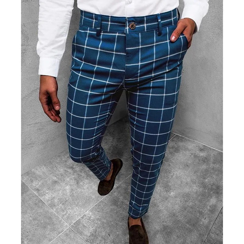 Men's Plaid Casual Micro Elastic Mid-Waist Trousers 84448938L