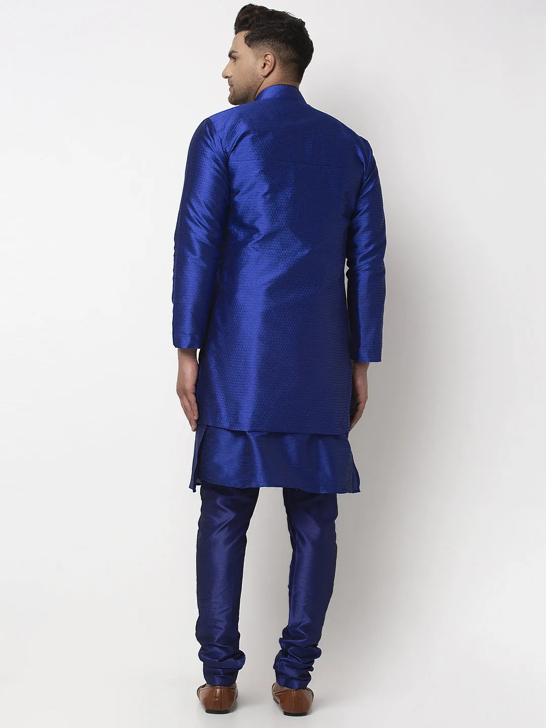 Men's Royal Blue Kurta With Pyjama & Blue Self Design Jacket - Benstoke