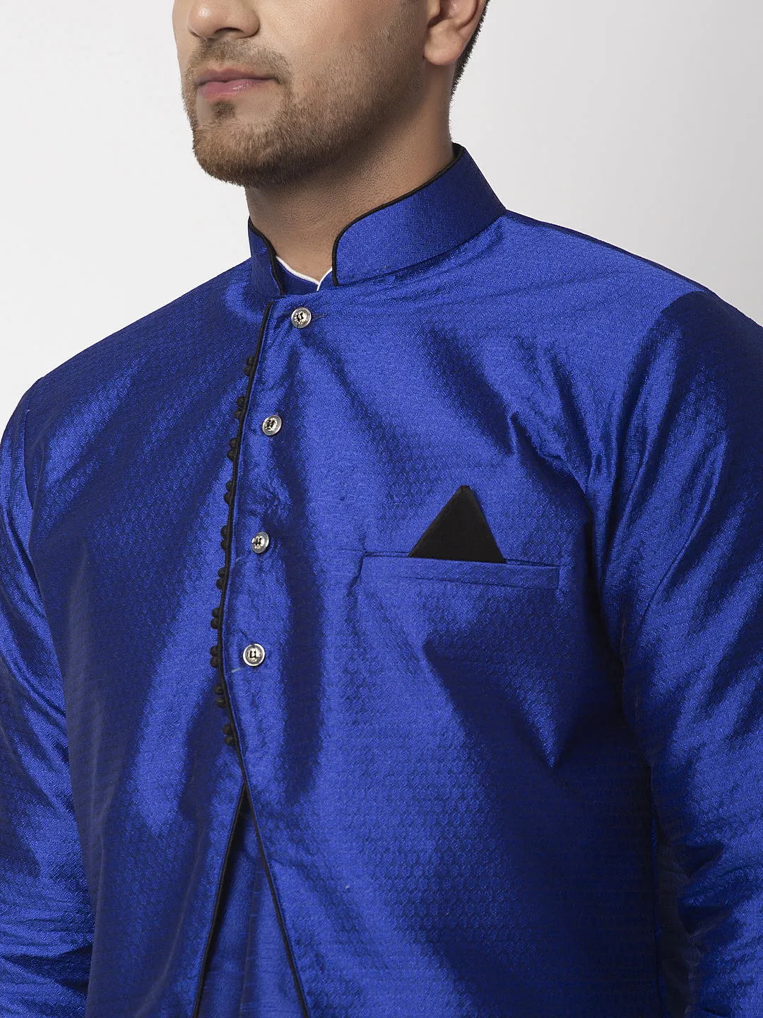 Men's Royal Blue Kurta With Pyjama & Blue Self Design Jacket - Benstoke